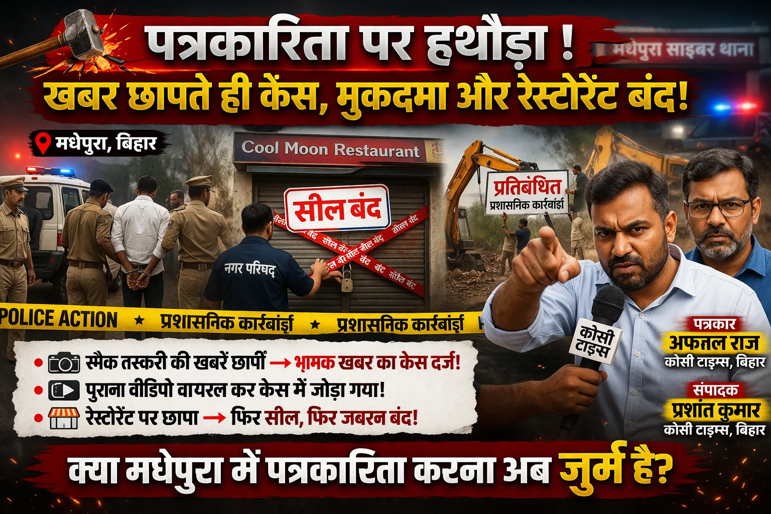 कोसी टाइम्स की पत्रकारिता पर हथौड़ा : खबर जारी करने के बाद केस मुकदमा सहित रेस्टोरेंट को करवाया बंद